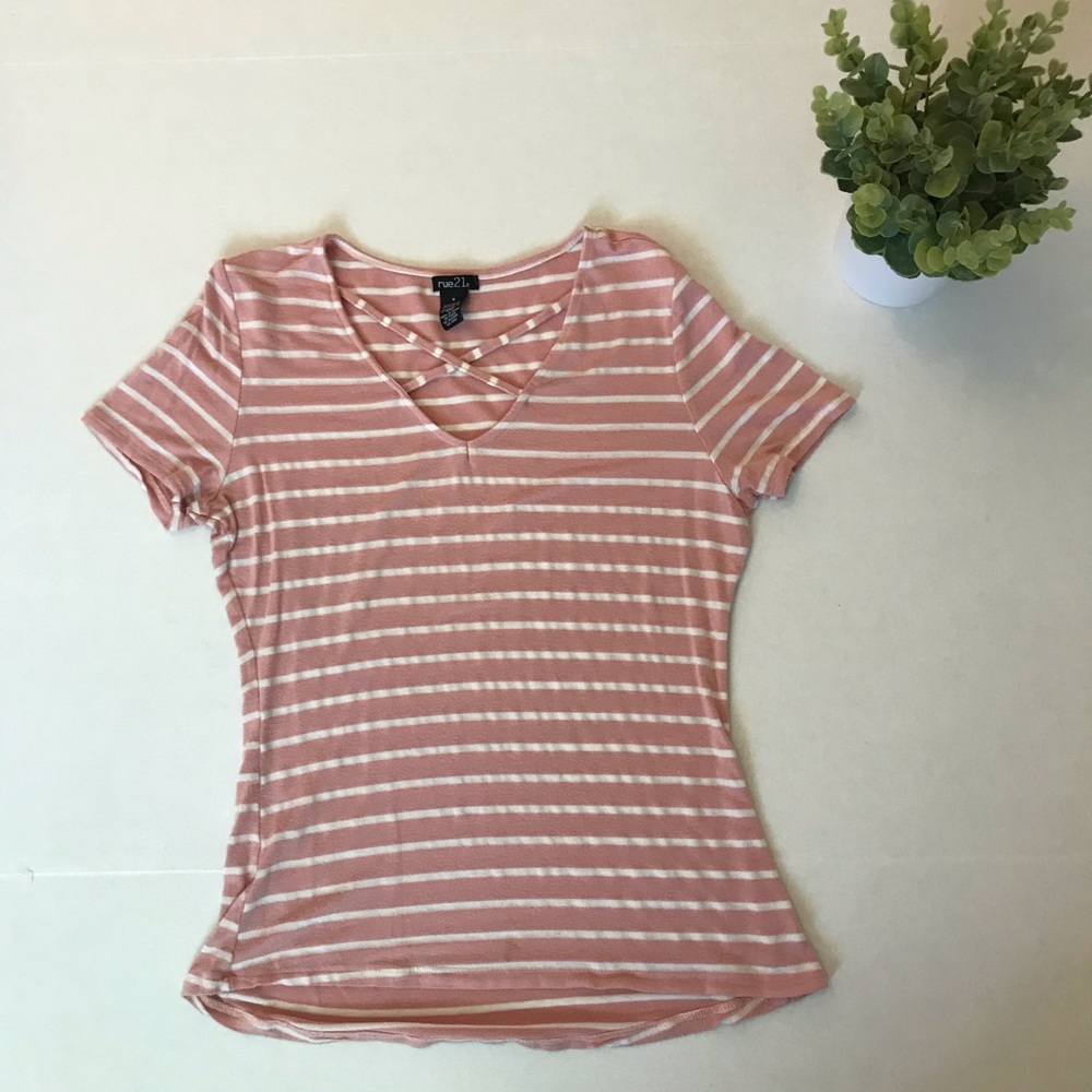 Pink and White Striped Tee with Criss Cross Neck